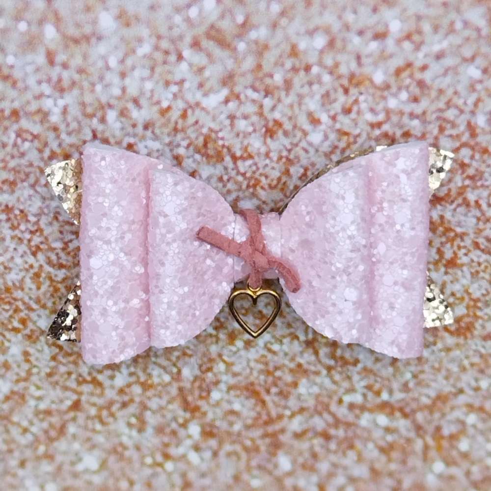 Φιόγκος ροζ κουφετί χρυσή καρδιά κλιπ